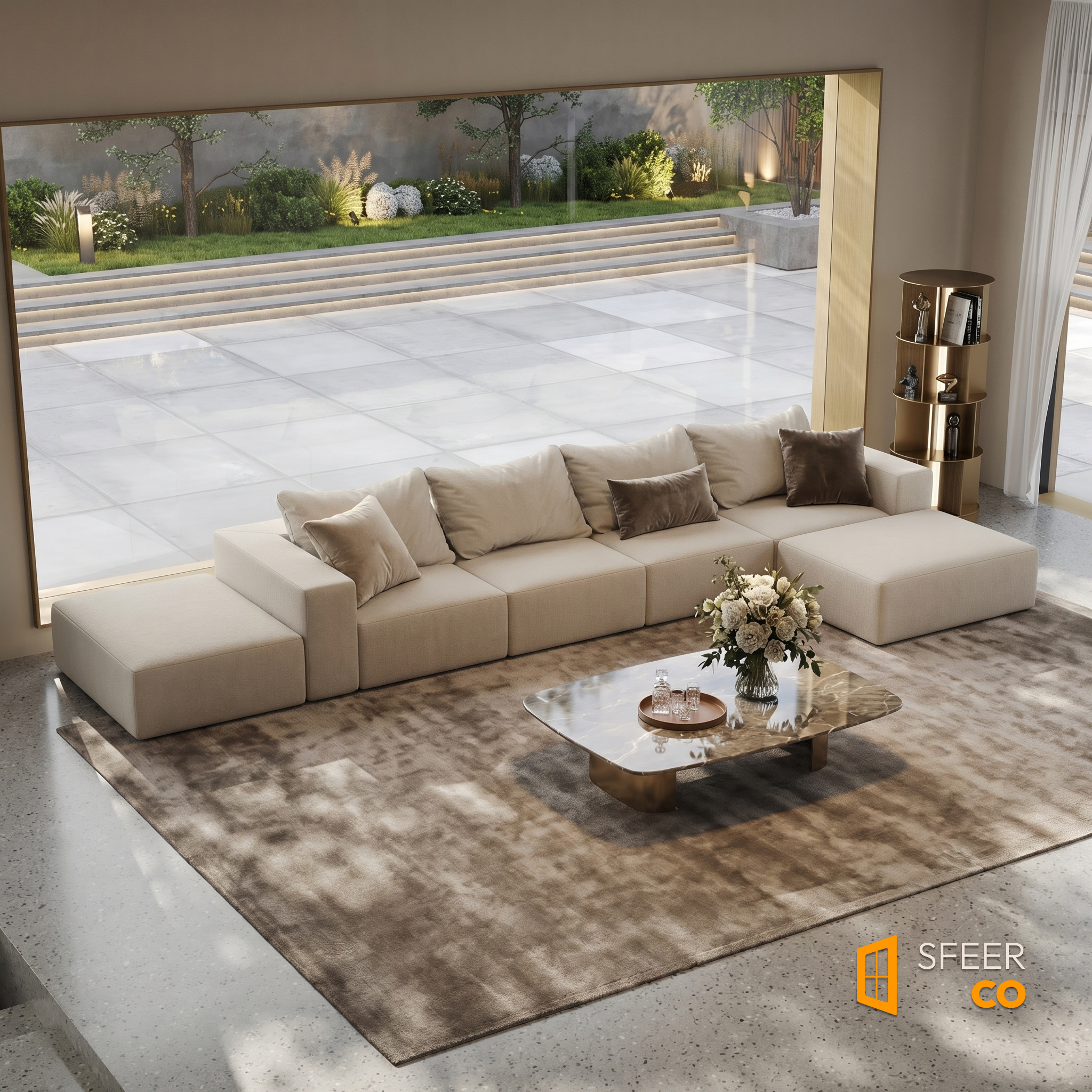 Sfeerco Strato modular sectional sofa in open plan living room with garden view and natural stone floor